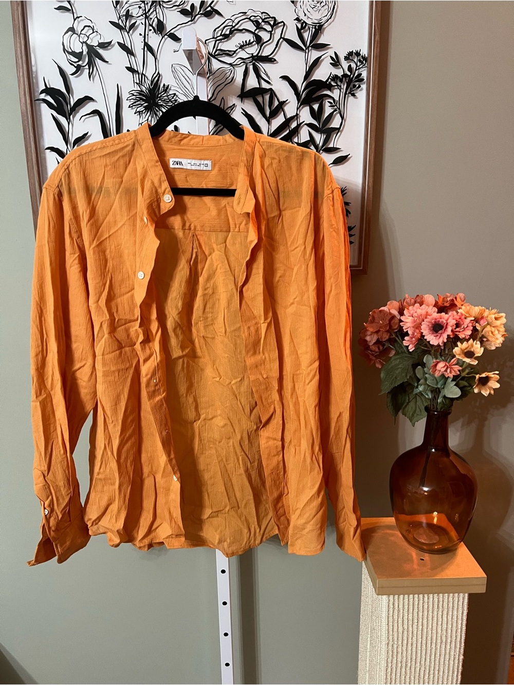 Zara Orange Cotton Long-Sleeve Button-Up Lightweight Fall Shirt Size Large